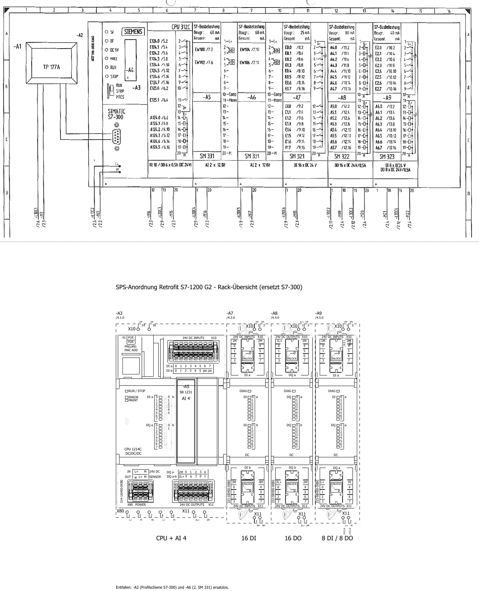 Comparaison avant-après dans le schéma électrique : ancienne disposition API S7-300 (scan) face à la nouvelle vue d'ensemble du rack S7-1200 G2
