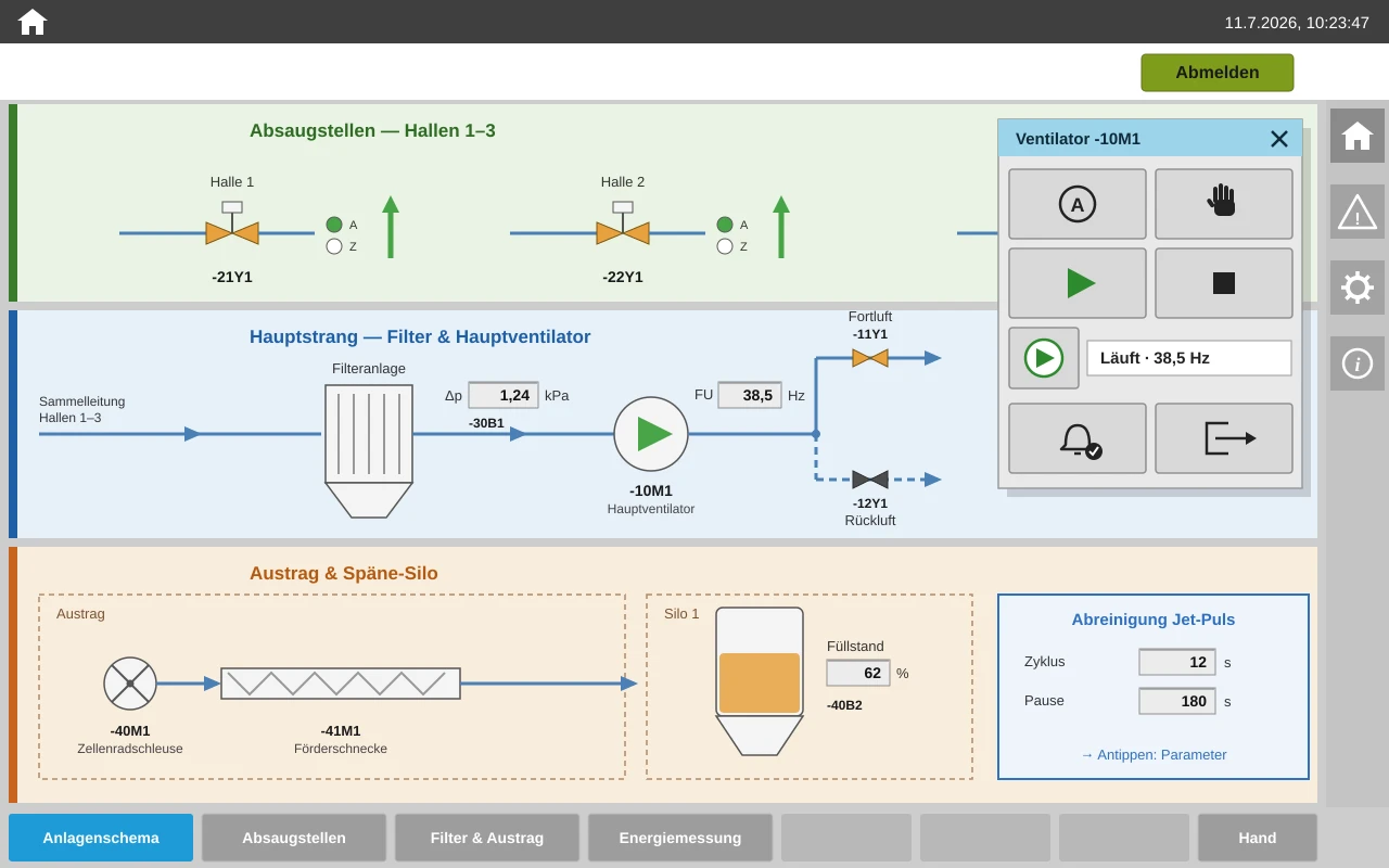 WinCC Unified plant schematic from a real project: flow diagram with device symbols, states and an opened operating popup